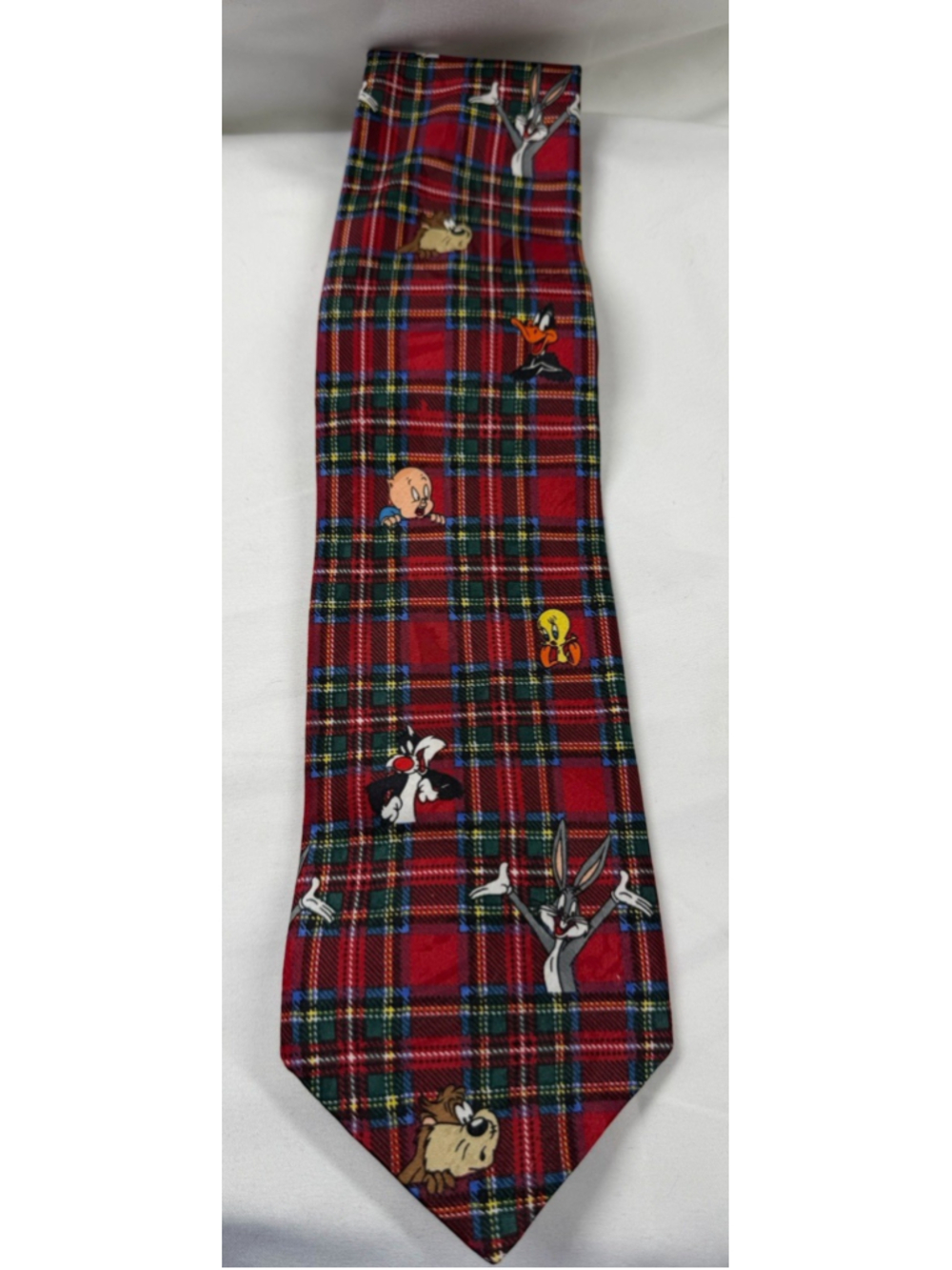 Looney Tunes Men Vintage 1993 Tartan Plaid Necktie Taz Bugs Daffy Porky Tweety